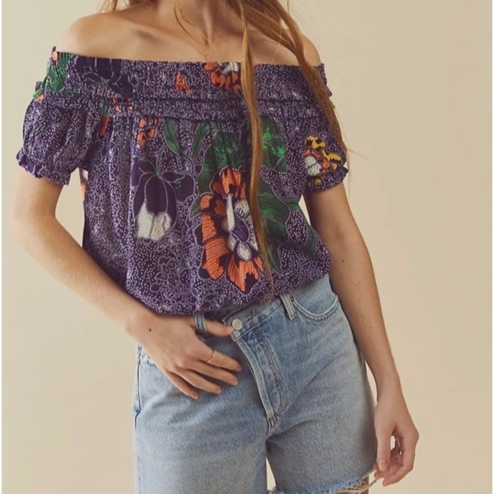 Free People Suki Blouse Women's XS Purple Orange Floral Boho Festival Peasant